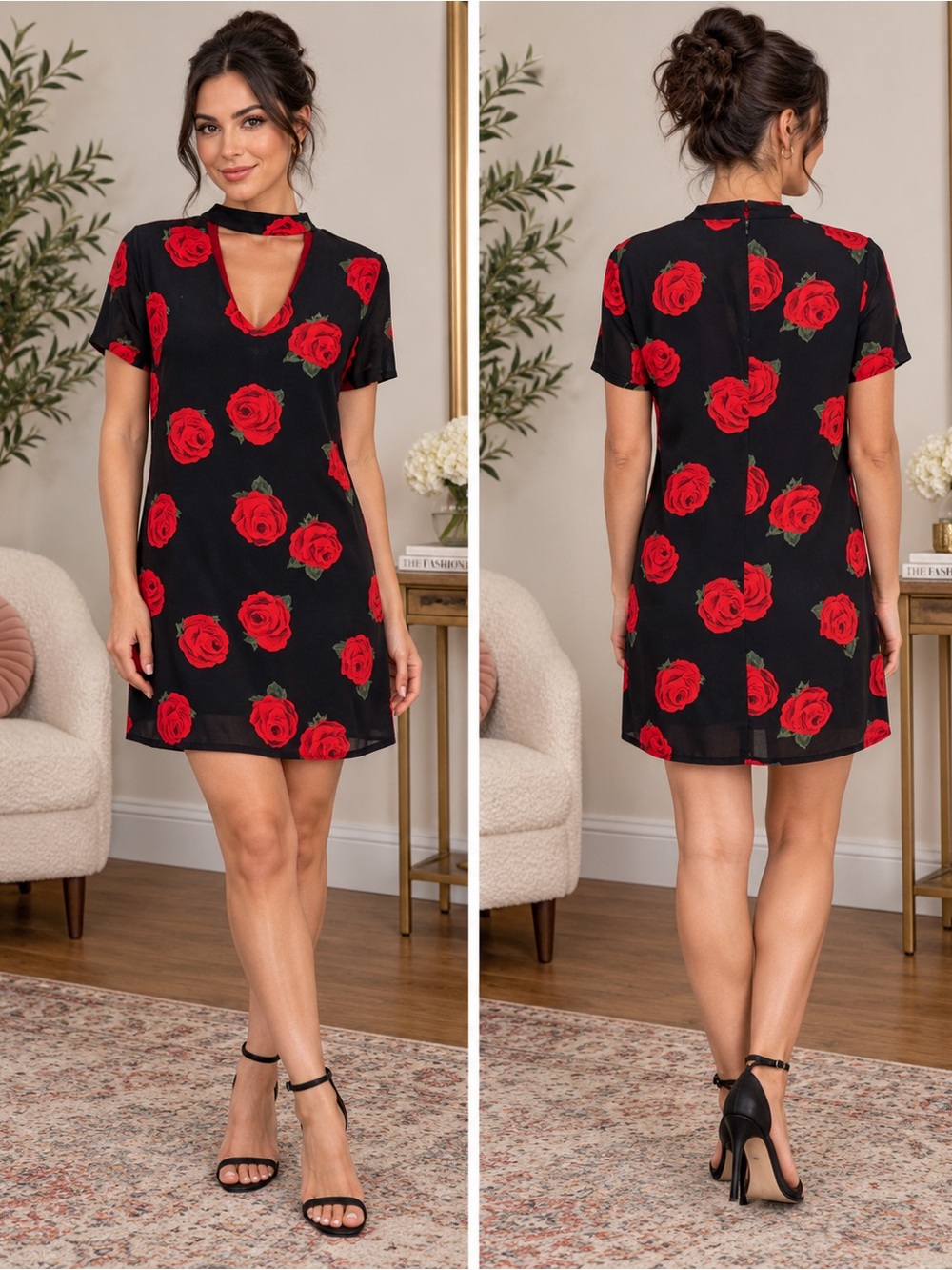 EUC Sanctuary black dress with bold red rose print and chic choker neckline.